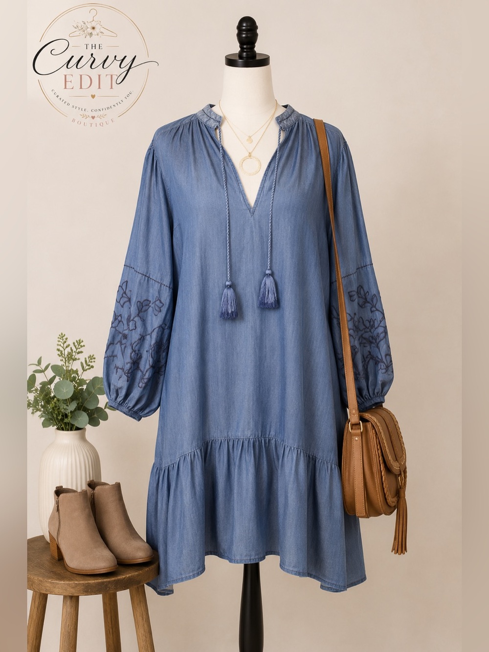 NWT Crown & Ivy Chambray Embroidered Boho Dress | Tassel Tie | Size XL Western
